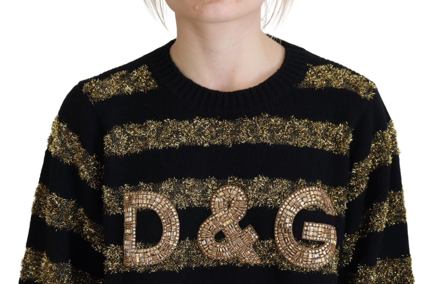 Pull en cachemire Dolce & Gabbana noir et or avec cristaux D&G