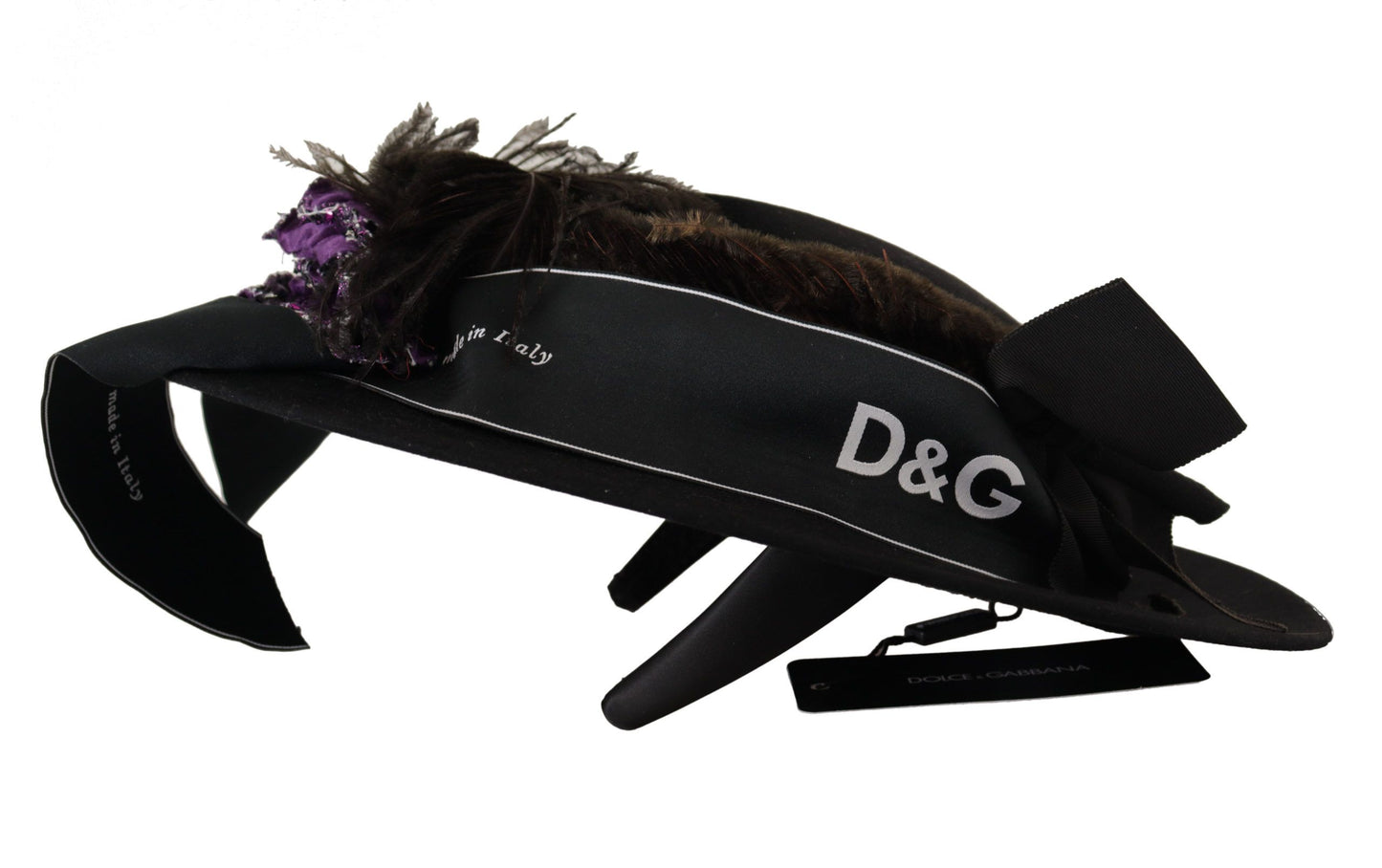 Chapeau Fedora Dolce & Gabbana avec broche en forme de cœur et plumes en cristal noir