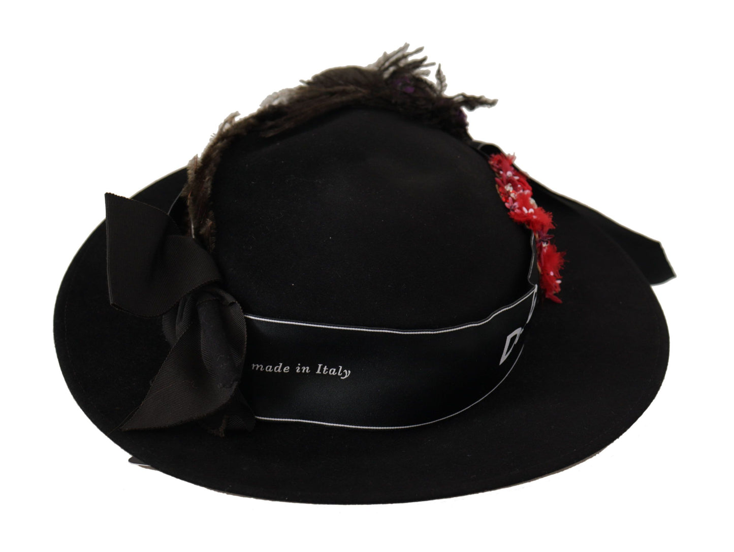 Chapeau Fedora Dolce & Gabbana avec broche en forme de cœur et plumes en cristal noir