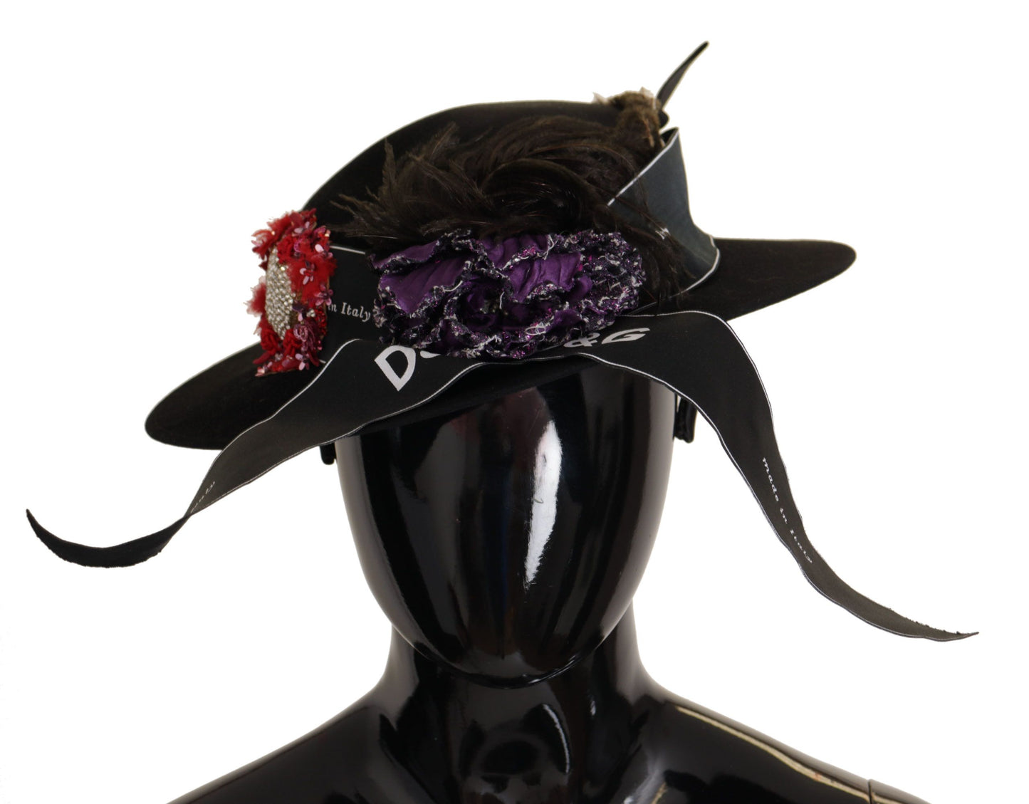 Chapeau Fedora Dolce & Gabbana avec broche en forme de cœur et plumes en cristal noir