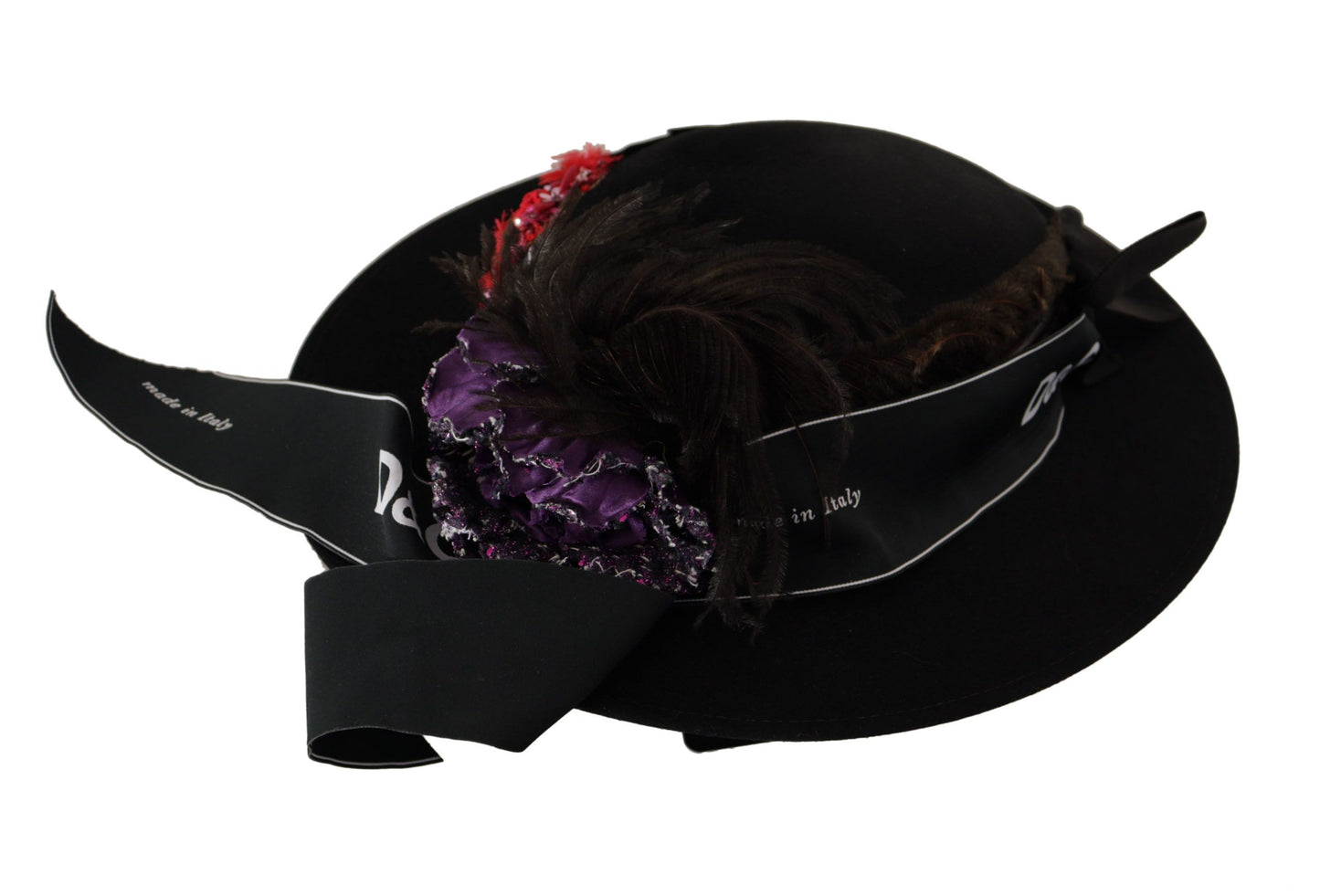 Chapeau Fedora Dolce & Gabbana avec broche en forme de cœur et plumes en cristal noir