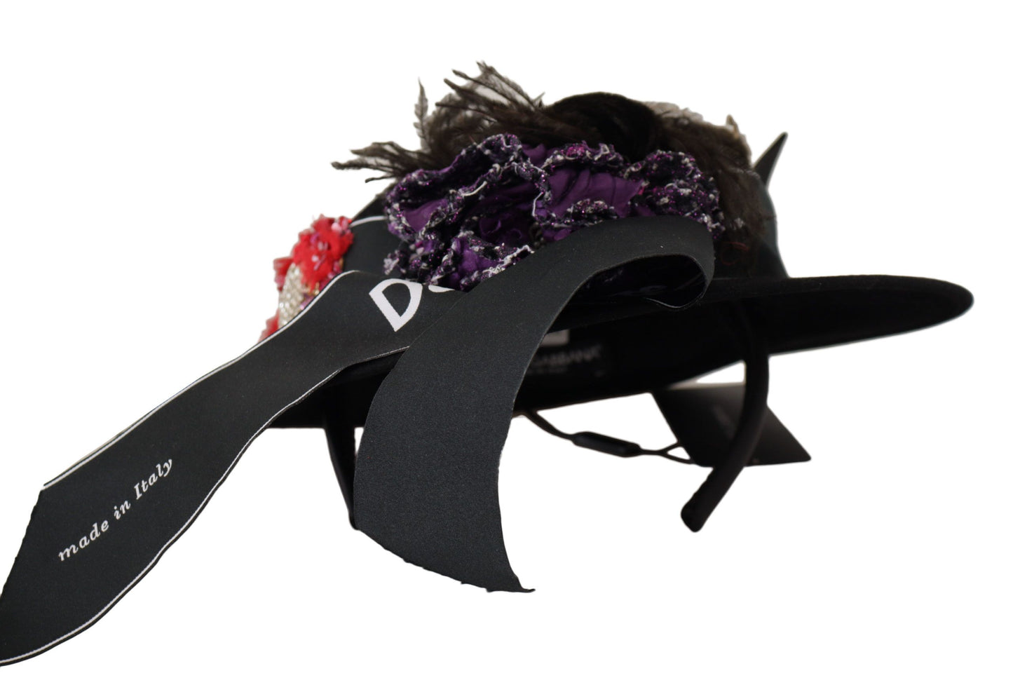 Chapeau Fedora Dolce & Gabbana avec broche en forme de cœur et plumes en cristal noir