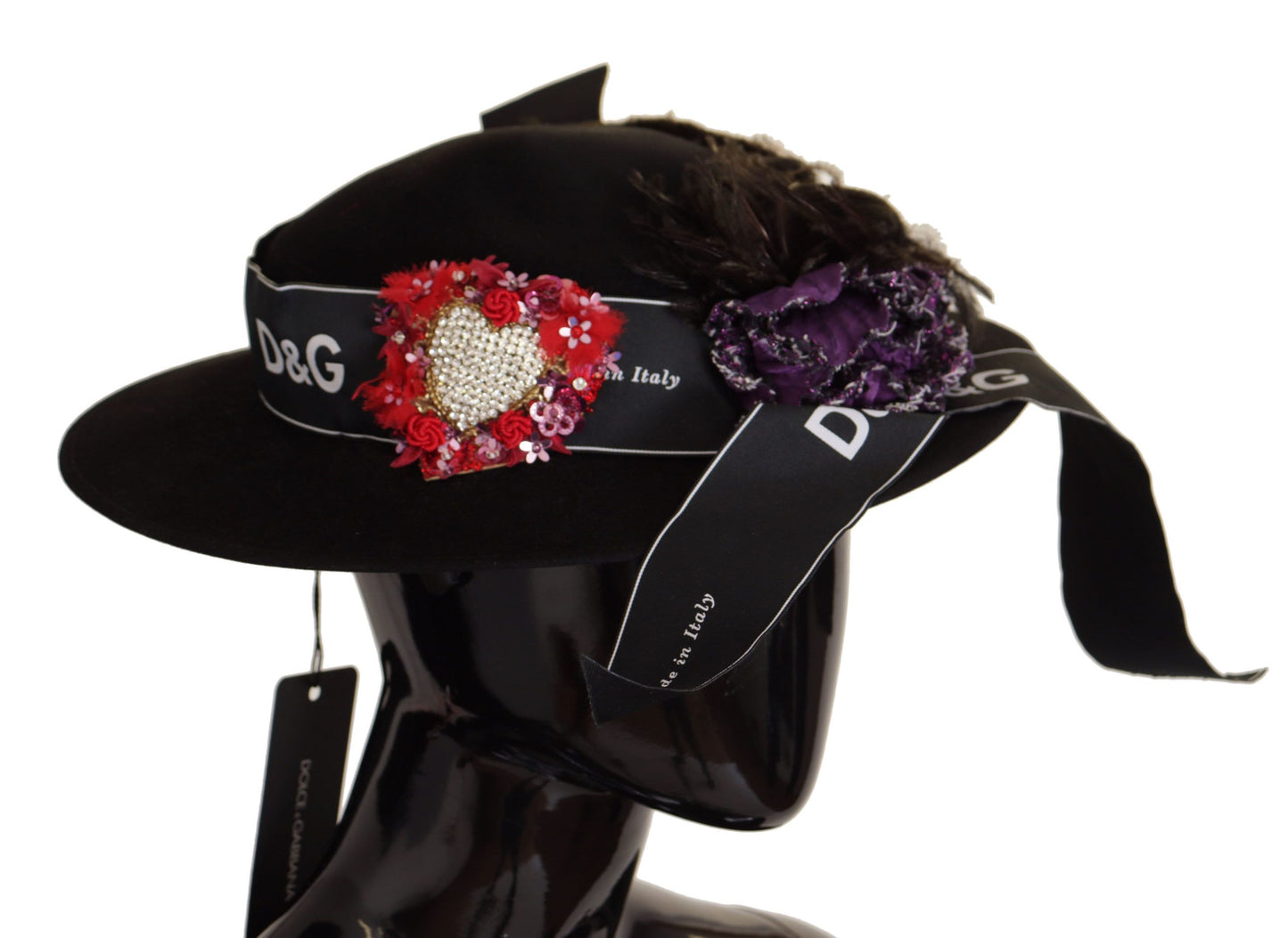 Chapeau Fedora Dolce & Gabbana avec broche en forme de cœur et plumes en cristal noir