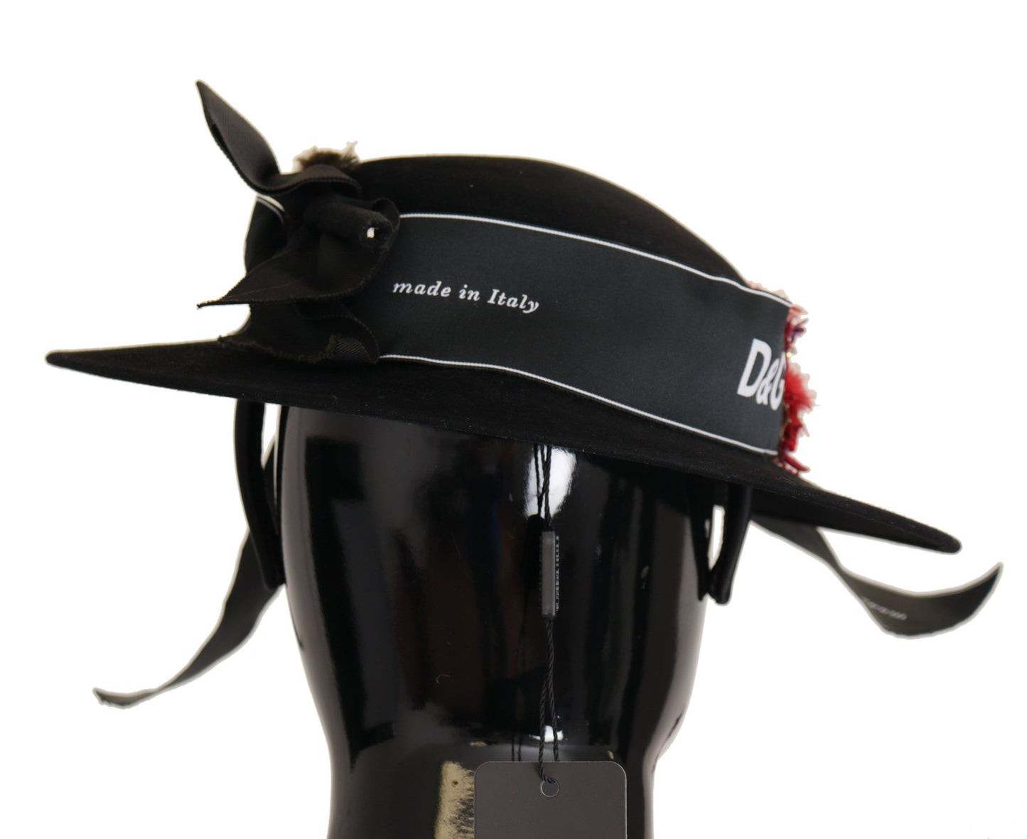 Chapeau Fedora Dolce & Gabbana avec broche en forme de cœur et plumes en cristal noir