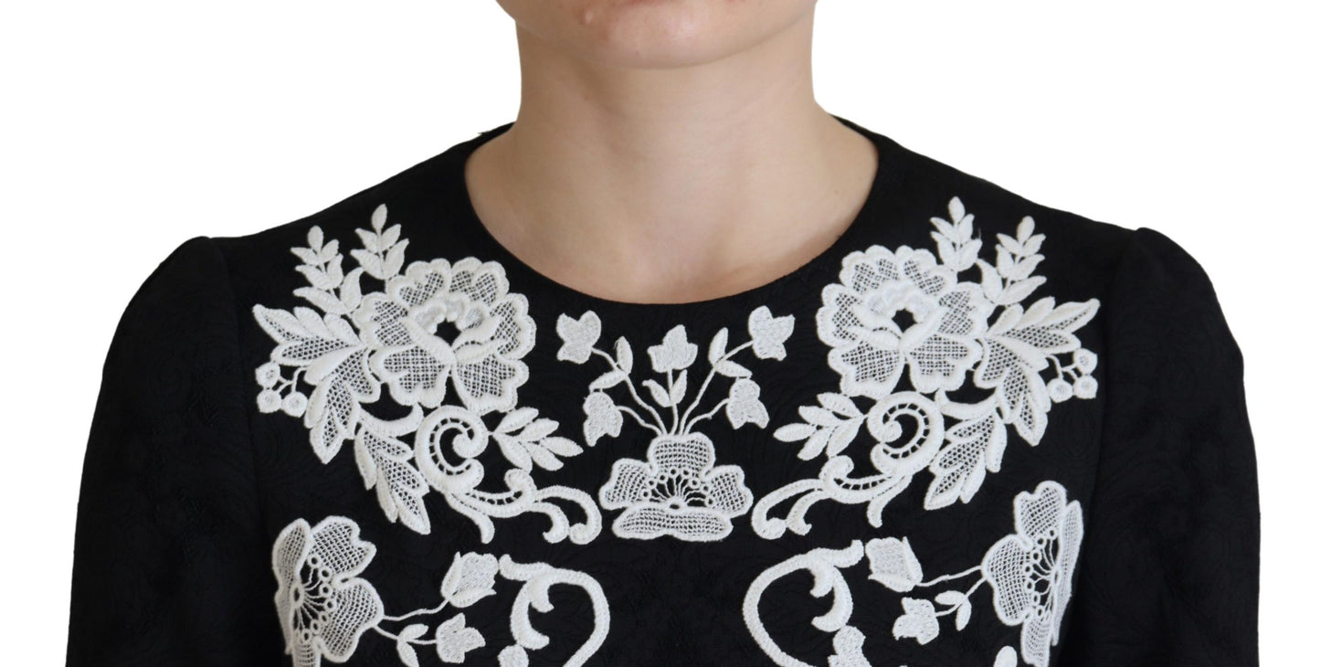 Robe trapèze à manches mi-longues et bordure en dentelle noire Dolce & Gabbana