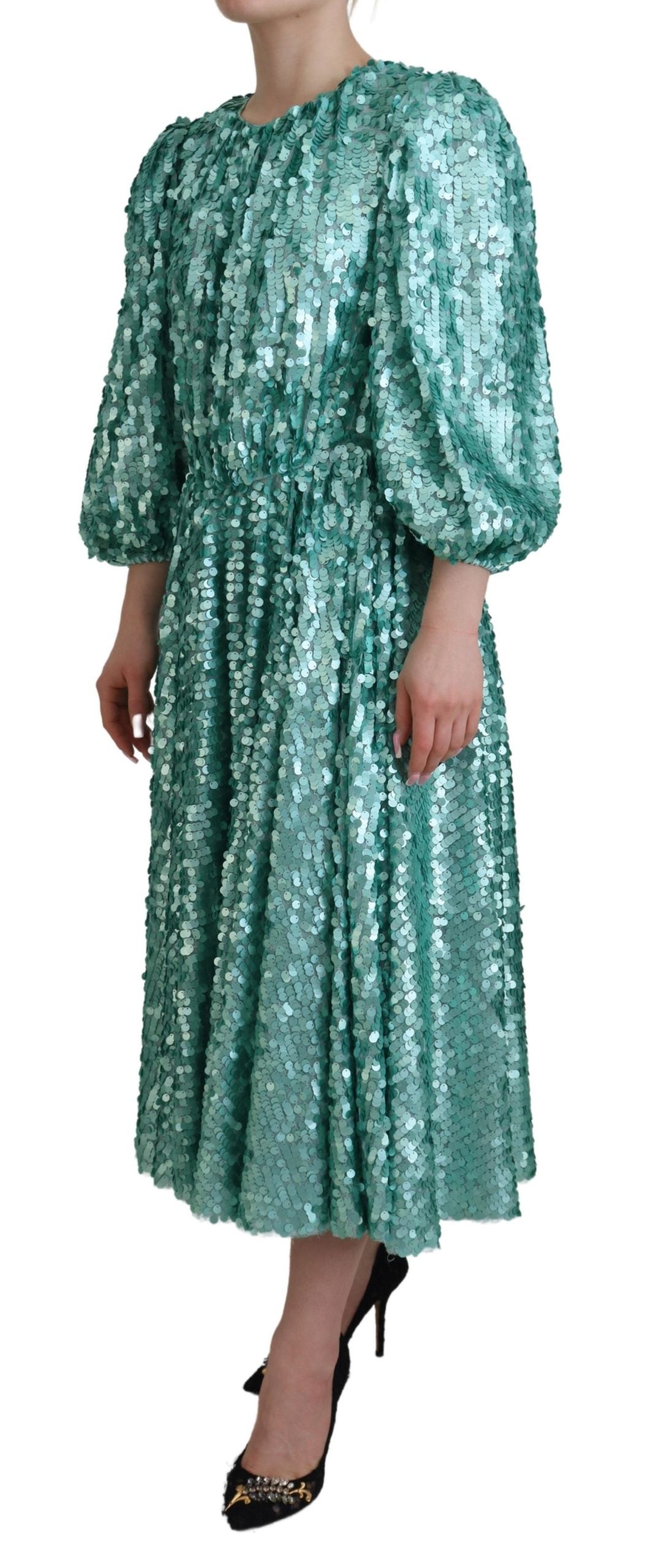 Robe midi plissée en nylon bleu à sequins Dolce & Gabbana