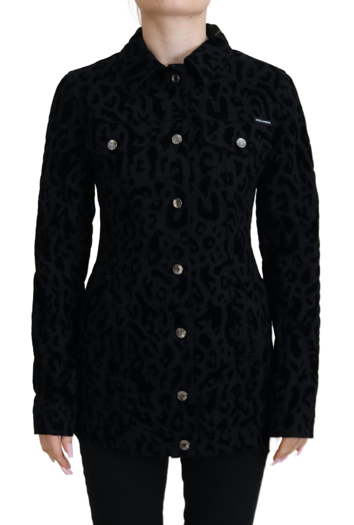 Veste en denim à manches longues et imprimé léopard noir Dolce & Gabbana