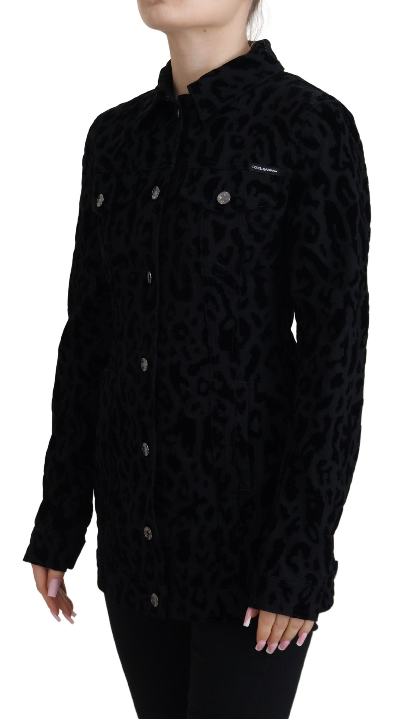 Veste en denim à manches longues et imprimé léopard noir Dolce & Gabbana