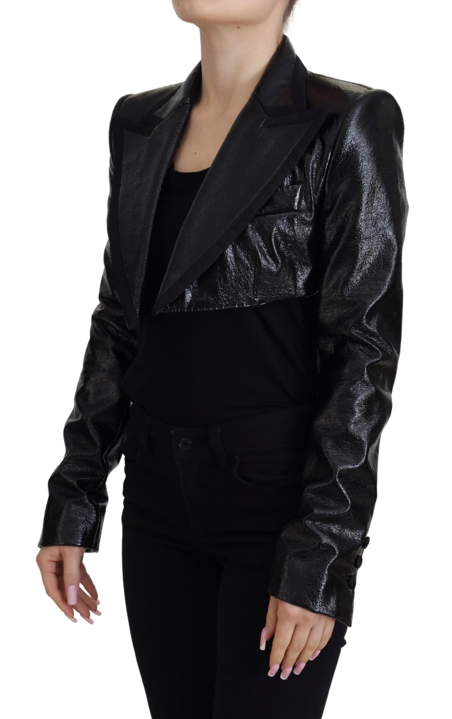 Dolce & Gabbana - Blazer court noir à manches longues en coton