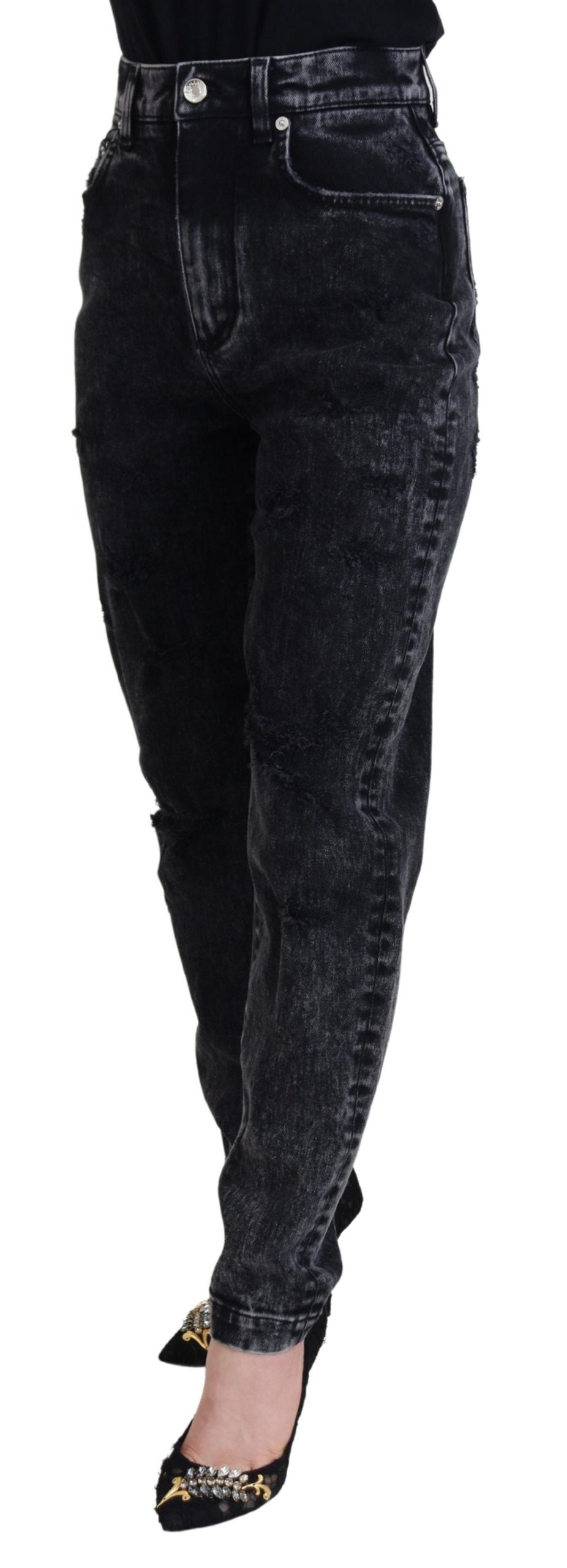 Jean taille haute en coton délavé noir Dolce & Gabbana