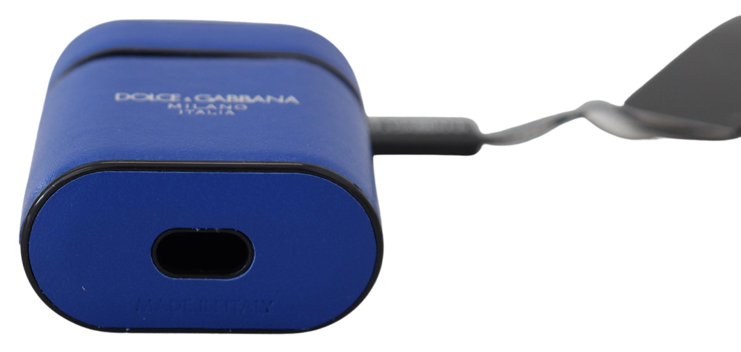 Dolce & Gabbana – Airpods-Hülle aus blauem Leder mit silbernem Metalllogo