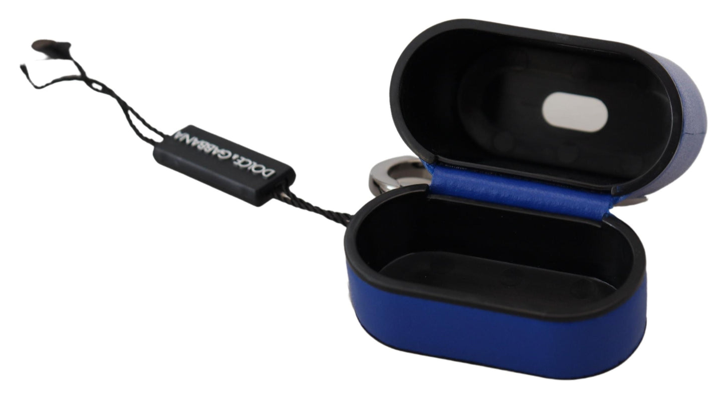 Dolce & Gabbana – Airpods-Hülle aus blauem Leder mit silbernem Metalllogo