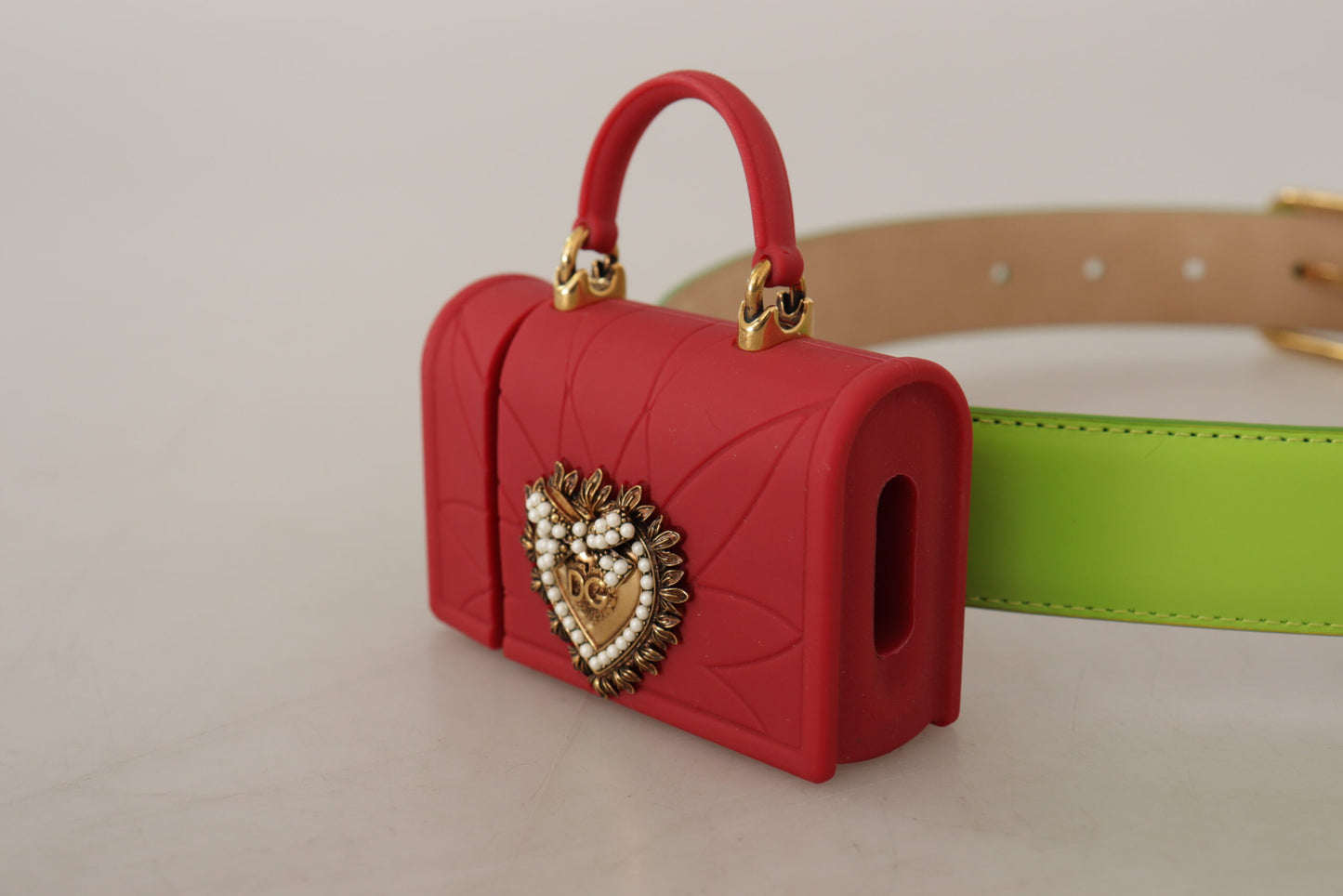 Dolce & Gabbana – Devotion – Mikrotasche mit Herzmotiv, Kopfhörergürtel aus grünem Leder