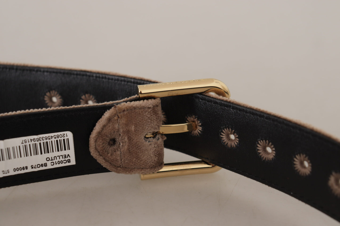 Ceinture Dolce & Gabbana en velours marron clair avec boucle en métal et logo doré
