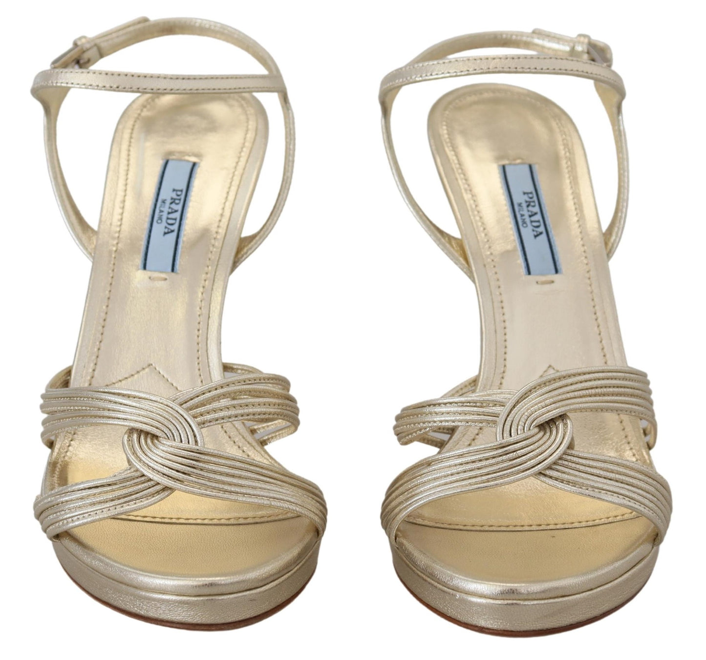 Sandales Prada en cuir doré à talons aiguilles et bride à la cheville