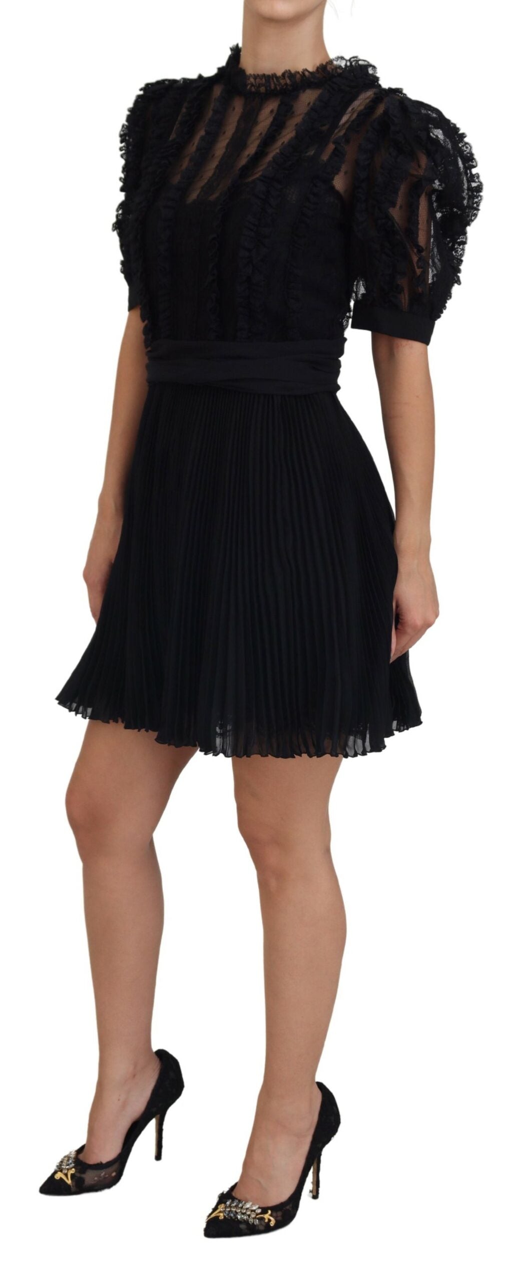Robe courte trapèze en nylon à bordure en dentelle noire Dolce & Gabbana