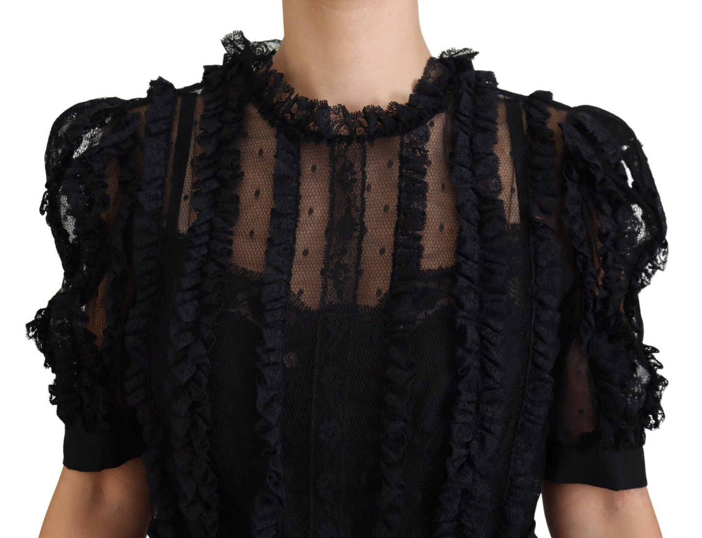 Robe courte trapèze en nylon à bordure en dentelle noire Dolce & Gabbana