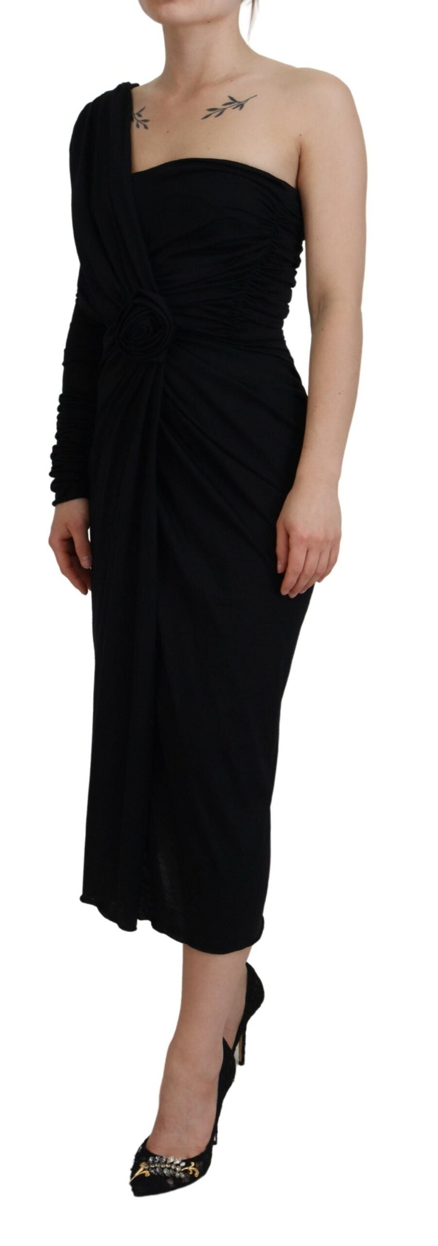 Robe fourreau portefeuille noire en laine à une épaule Dolce & Gabbana