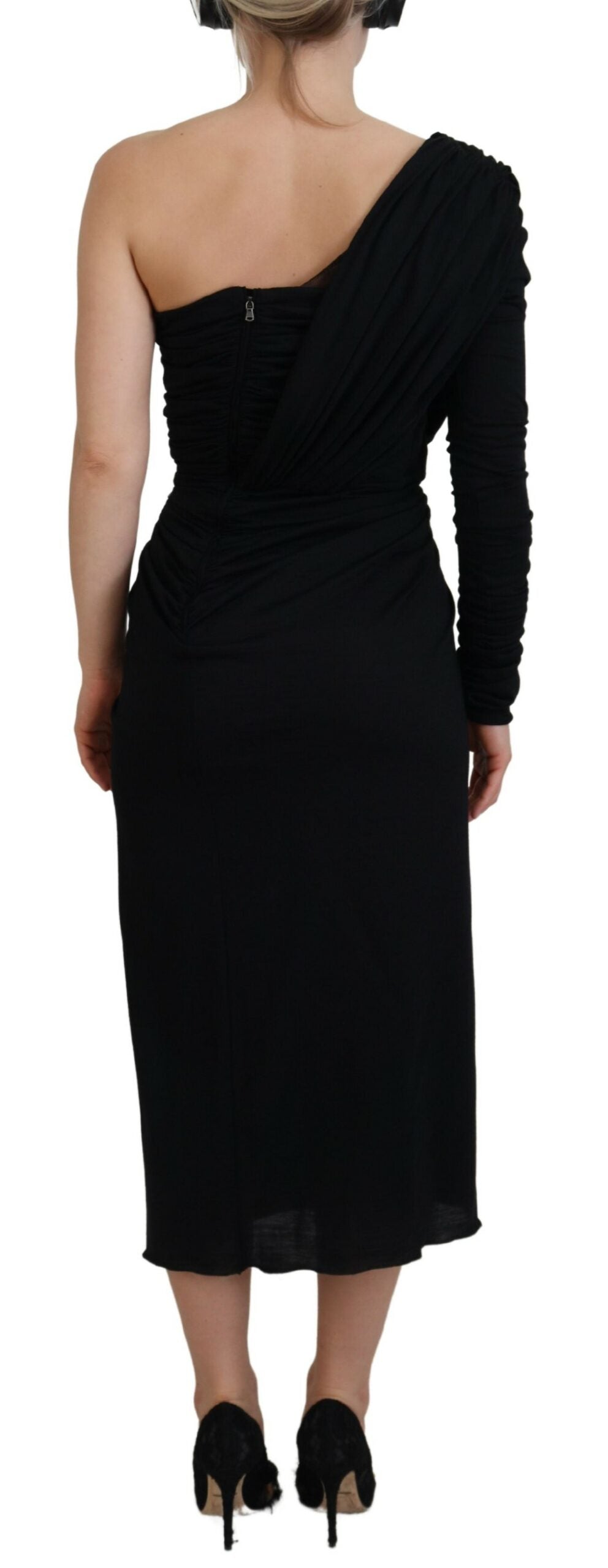 Robe fourreau portefeuille noire en laine à une épaule Dolce & Gabbana
