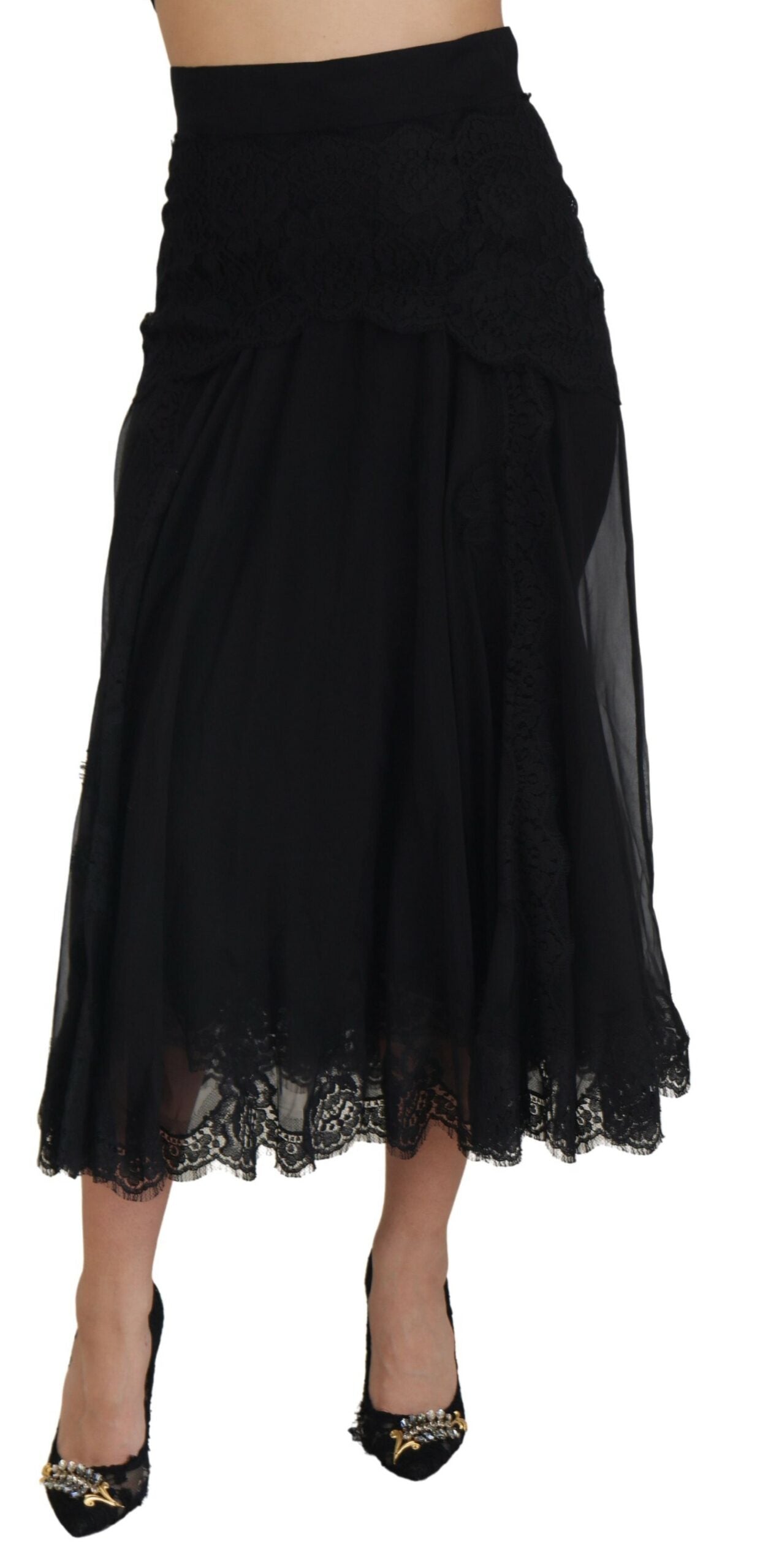 Jupe midi taille haute en dentelle de soie noire Dolce & Gabbana