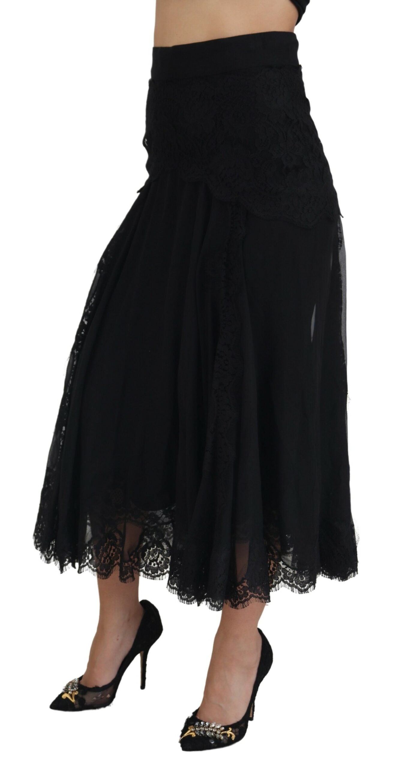 Jupe midi taille haute en dentelle de soie noire Dolce & Gabbana