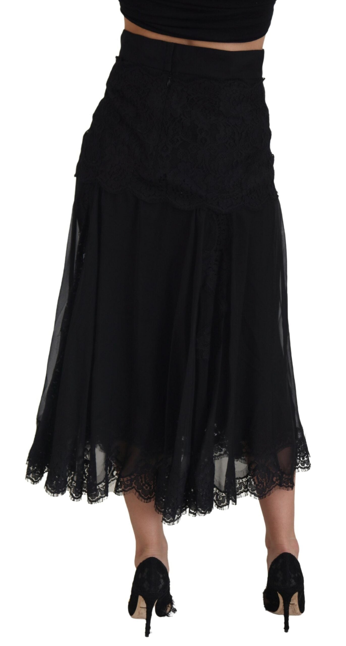 Jupe midi taille haute en dentelle de soie noire Dolce & Gabbana