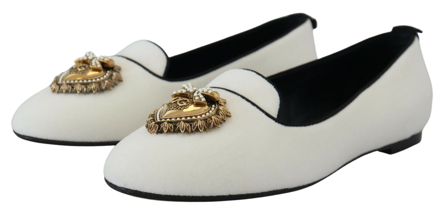 Dolce & Gabbana – Slipper aus weißem Samt, flache Schuhe