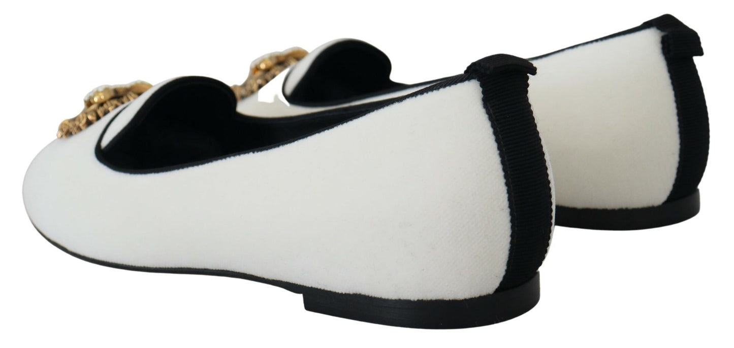 Dolce & Gabbana – Slipper aus weißem Samt, flache Schuhe