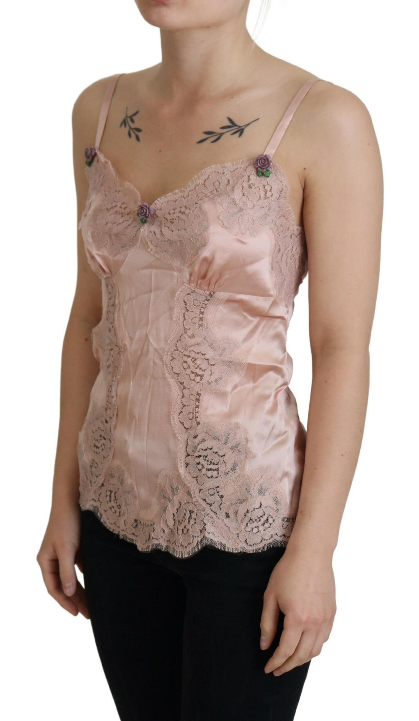 Débardeur Dolce & Gabbana en satin rose et dentelle à imprimé roses