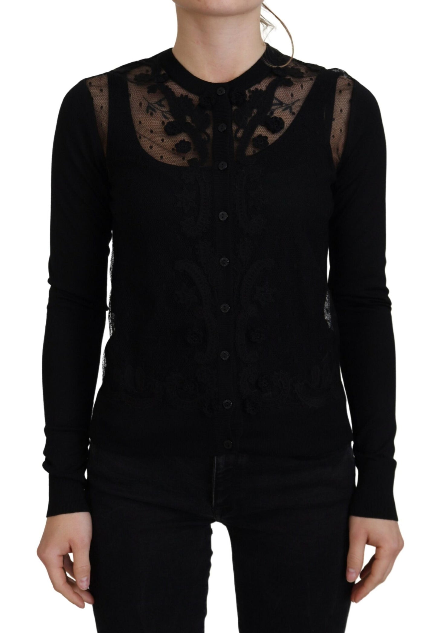 Pull cardigan noir à boutons en dentelle florale Dolce & Gabbana