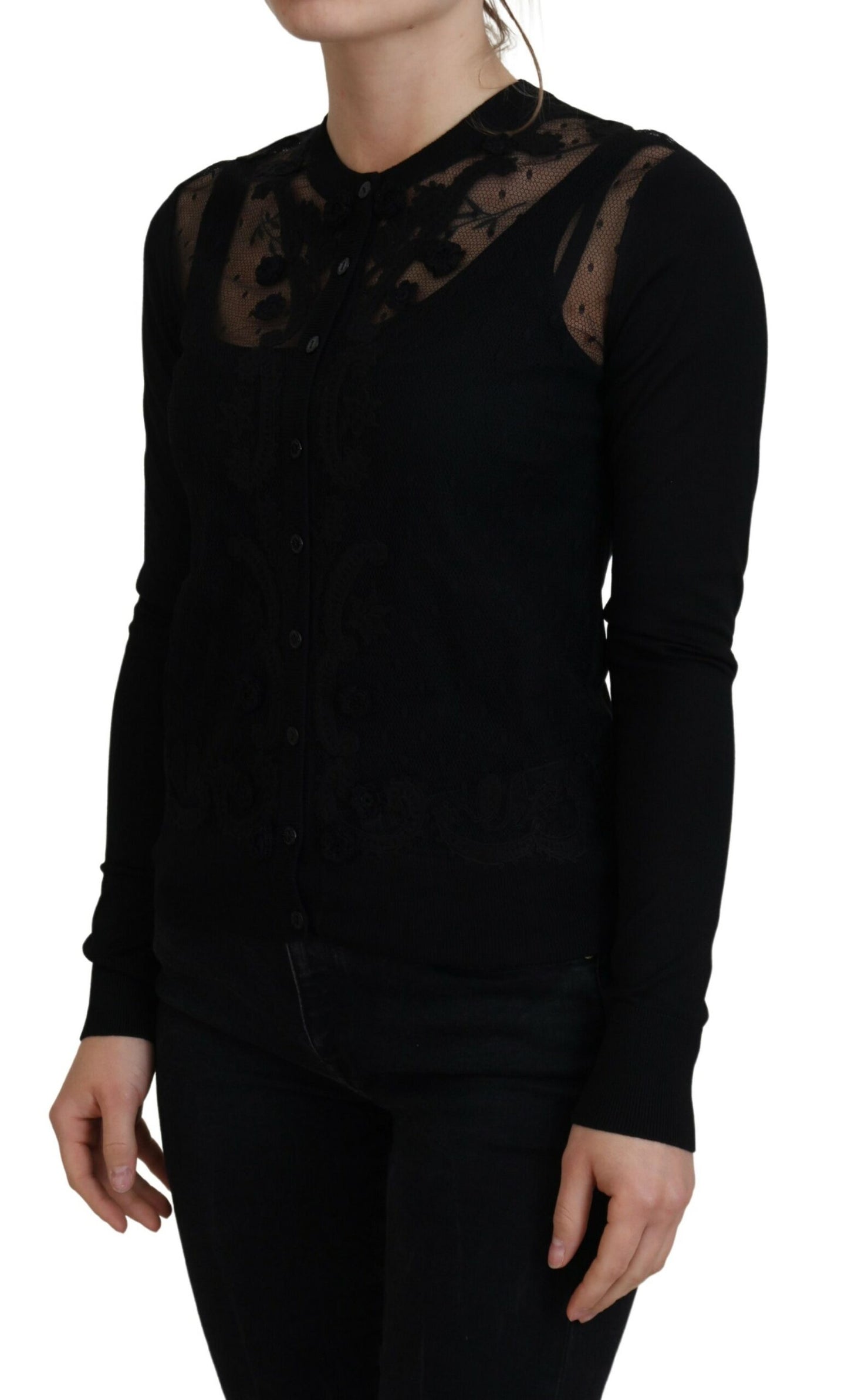 Pull cardigan noir à boutons en dentelle florale Dolce & Gabbana