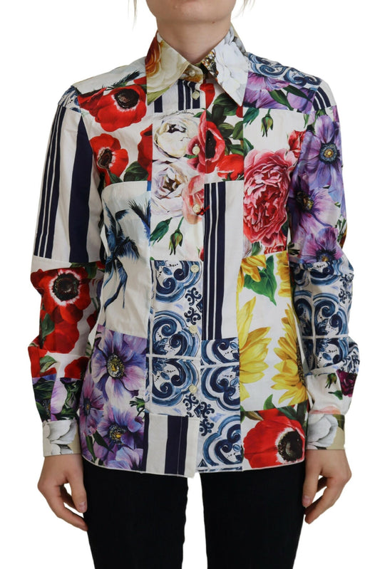 Dolce & Gabbana – Blusenoberteil aus Baumwolle mit mehrfarbigem Blumenmuster und Kragen