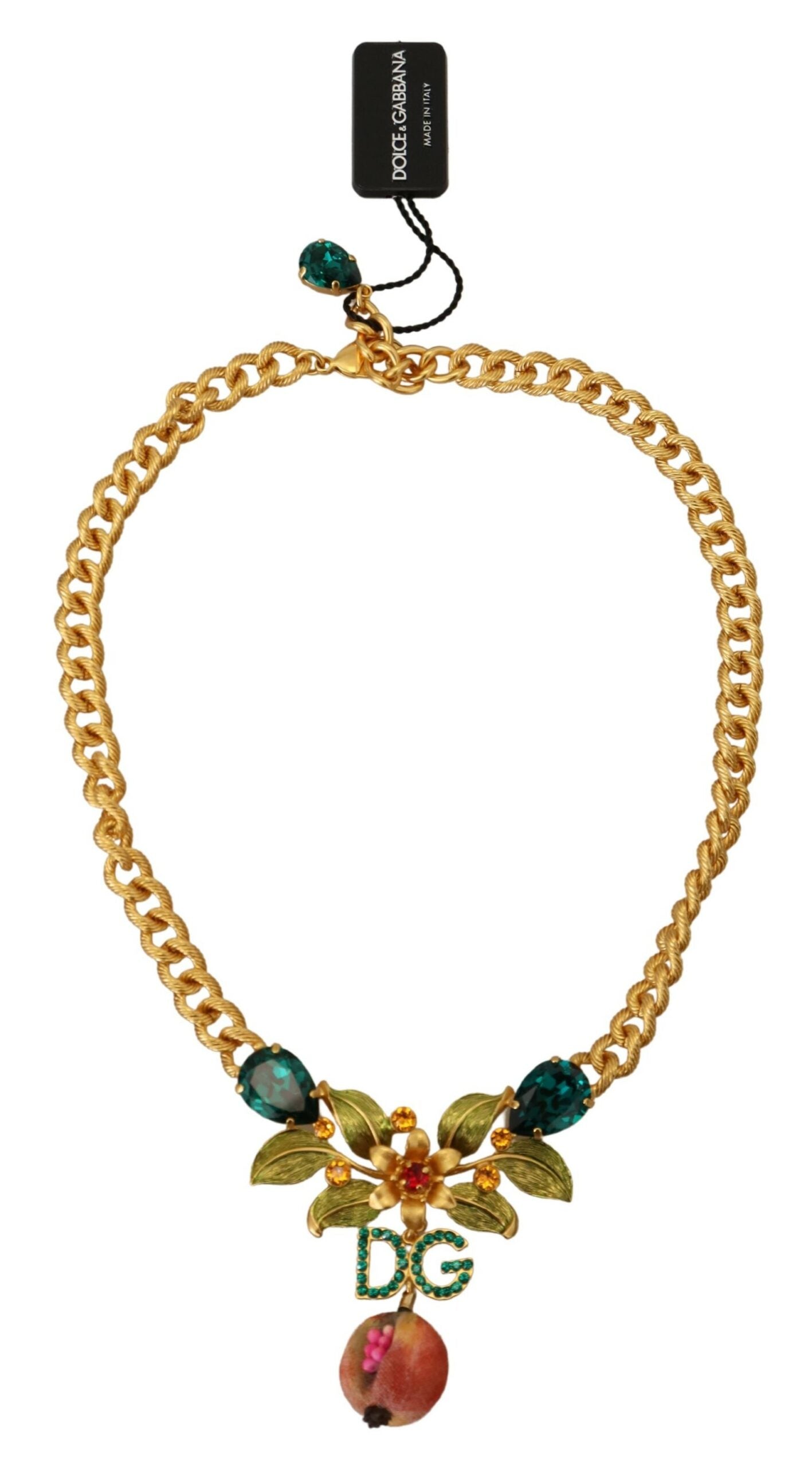 Collier Dolce & Gabbana en laiton doré avec logo en cristal et motif floral fruité