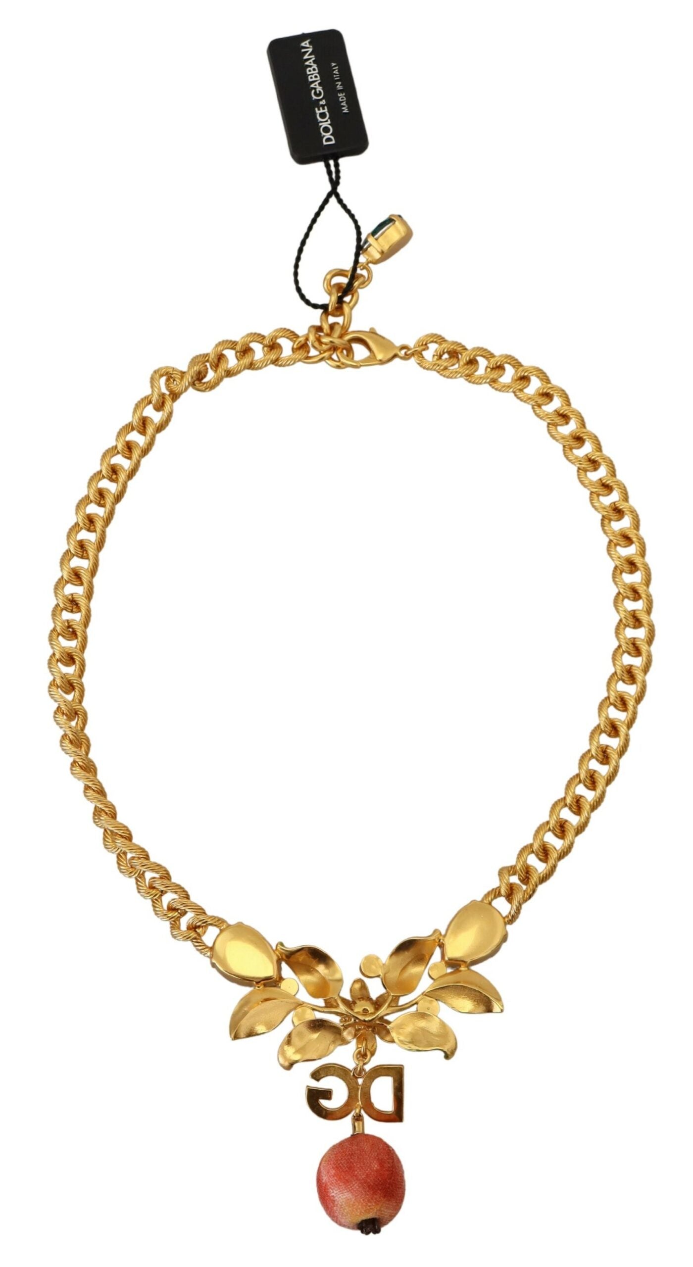 Collier Dolce & Gabbana en laiton doré avec logo en cristal et motif floral fruité