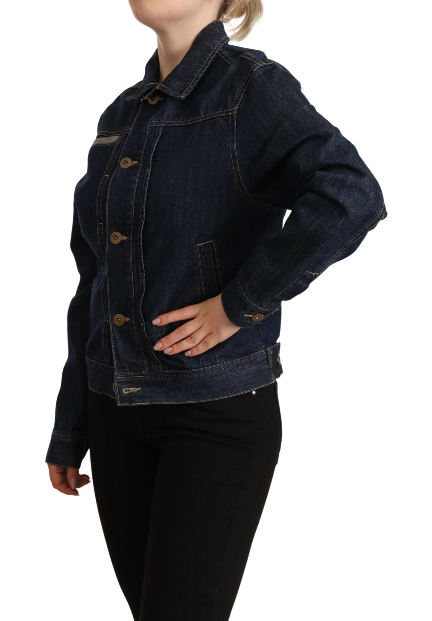 Veste en jean bleu foncé à manches longues et boutons Master Coat