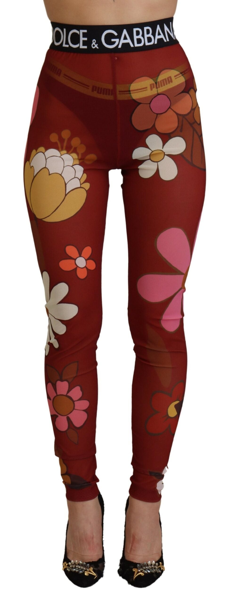 Dolce & Gabbana Rote Leggings mit Blumenmuster und Stretchbund