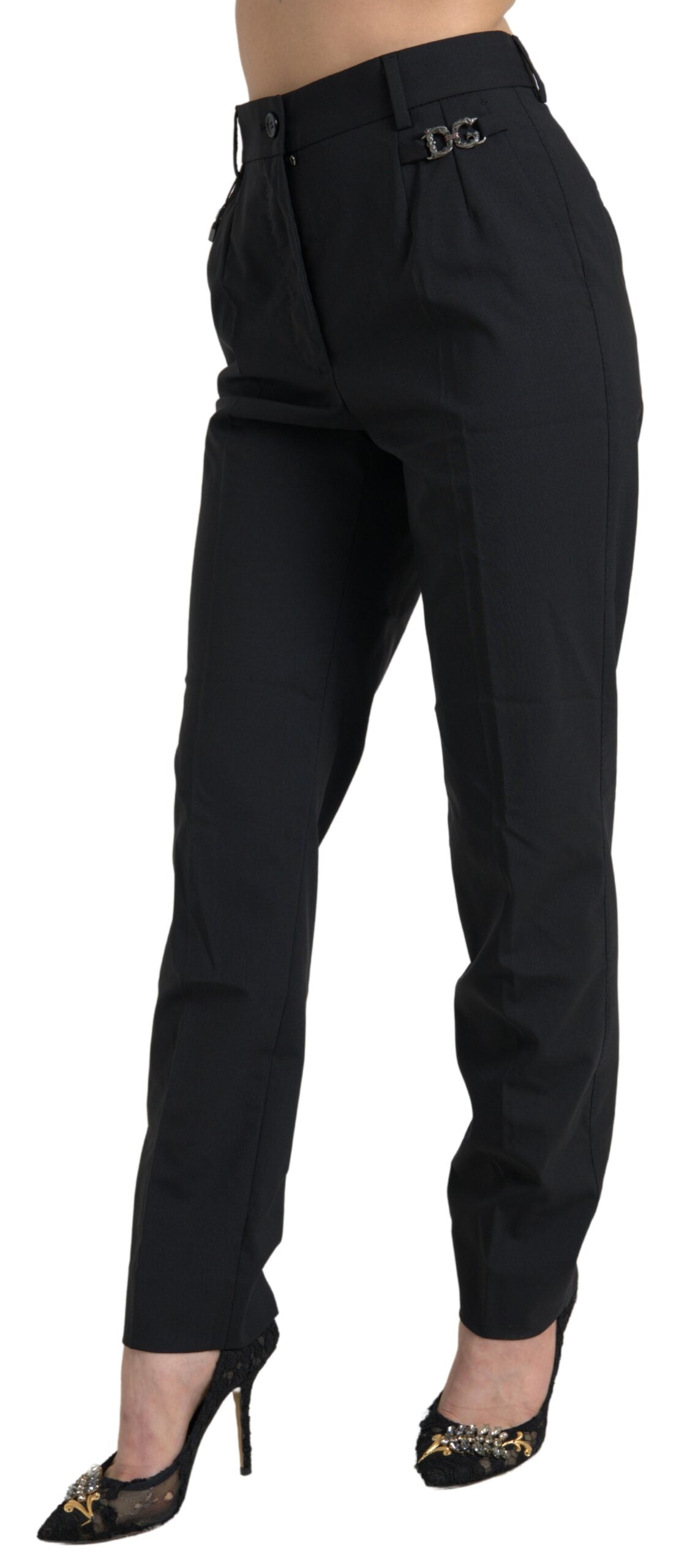 Pantalon fuselé taille haute en laine noire Dolce & Gabbana