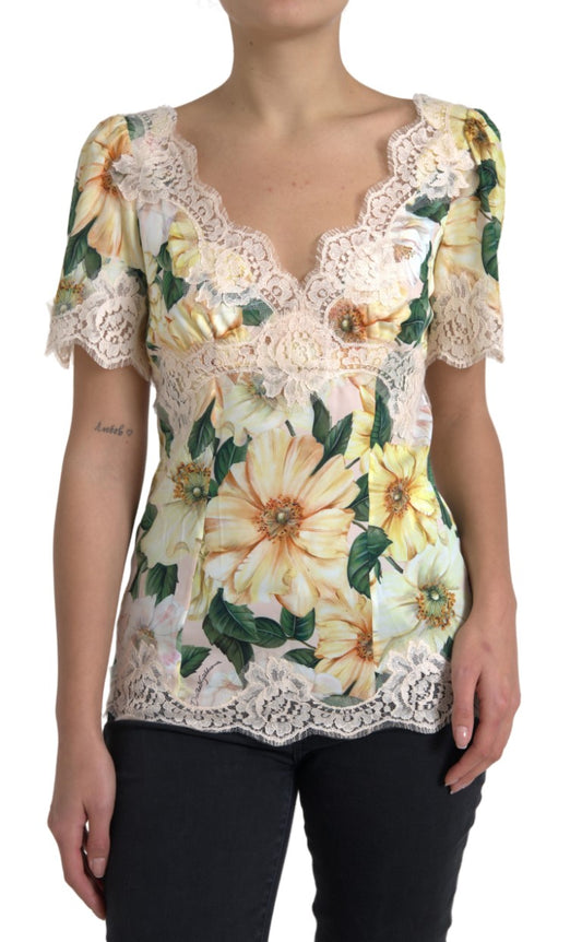 Chemisier à col en V en dentelle florale multicolore Dolce & Gabbana