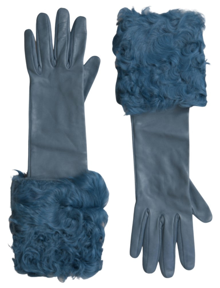 Gants mi-longs en cuir et fourrure bleus Dolce & Gabbana