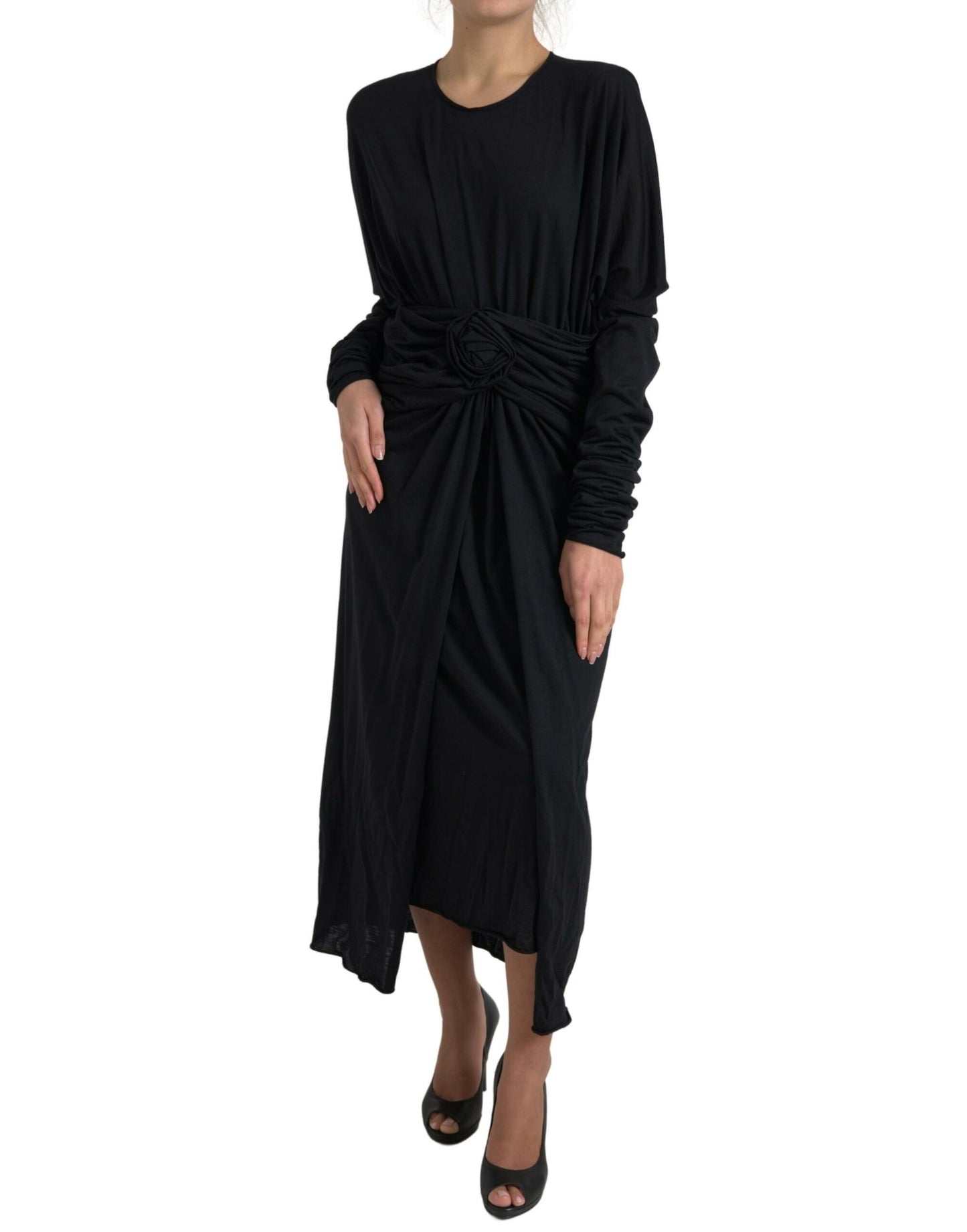 Robe fourreau mi-longue portefeuille en laine noire Dolce & Gabbana