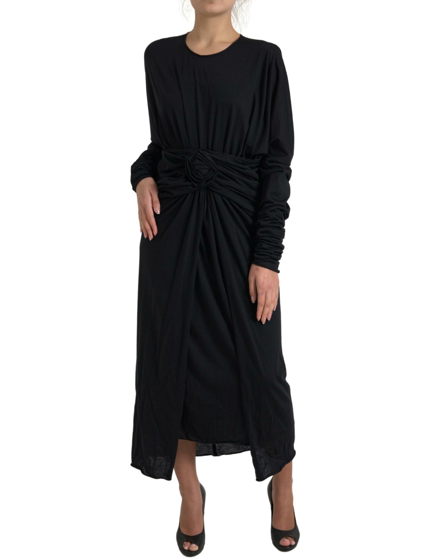 Robe fourreau mi-longue portefeuille en laine noire Dolce & Gabbana