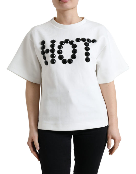 T-shirt Dolce & Gabbana en coton stretch blanc et cristal noir HOT