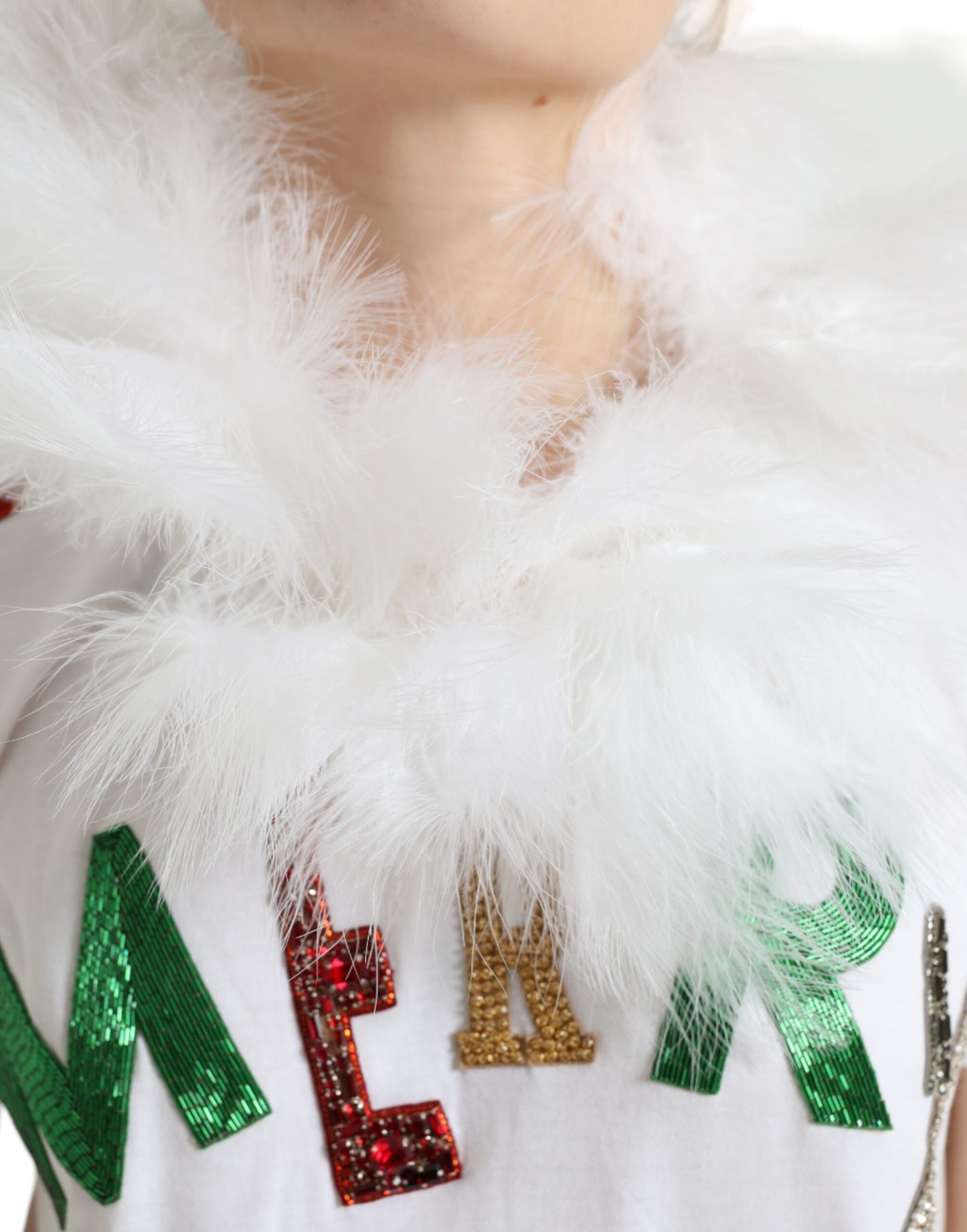 Dolce & Gabbana Weißes Baumwoll-T-Shirt mit Weihnachtspailletten und Pelz