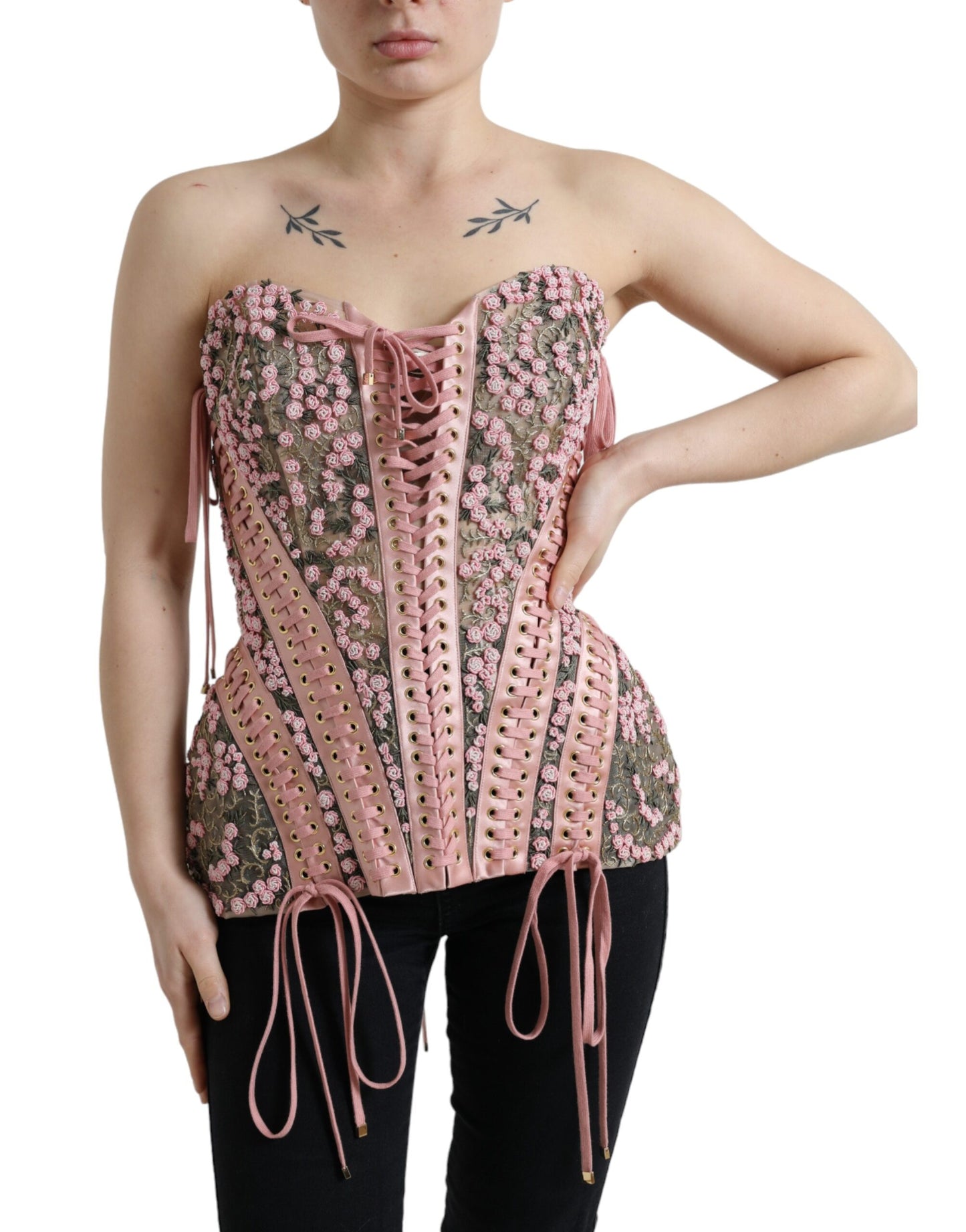Dolce & Gabbana – Bustier-Korsett-Oberteil mit Blumenapplikation in Rosa