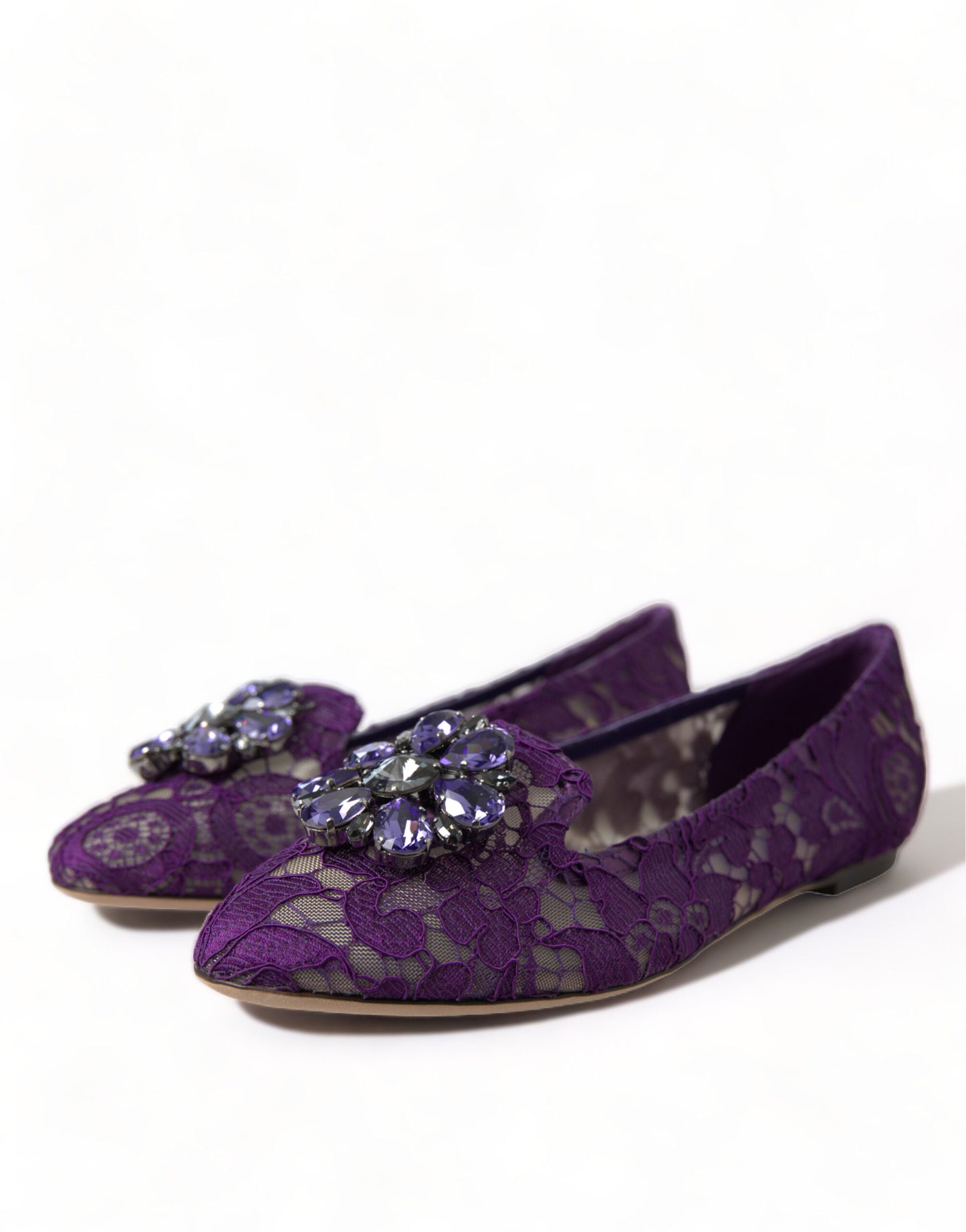 Chaussures plates Dolce & Gabbana Purple Vally Taormina en dentelle et cristaux