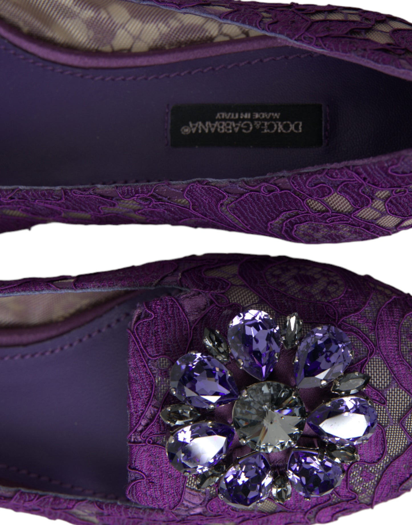 Chaussures plates Dolce & Gabbana Purple Vally Taormina en dentelle et cristaux