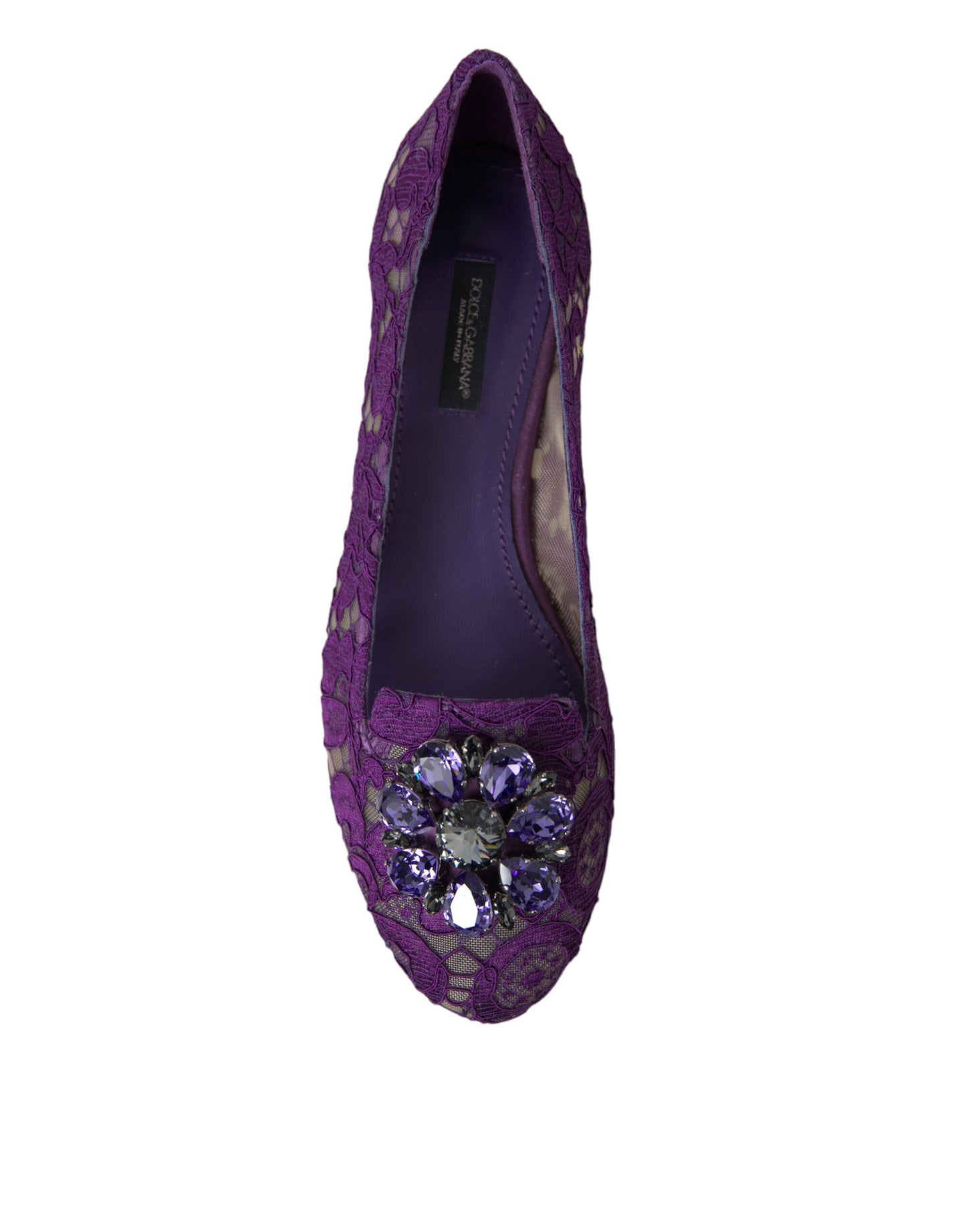 Chaussures plates Dolce & Gabbana Purple Vally Taormina en dentelle et cristaux
