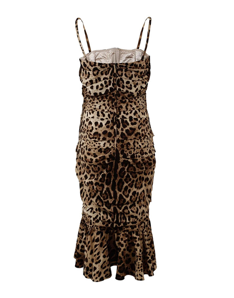 Dolce & Gabbana – Braunes, gerüschtes Midikleid mit Leopardenmuster