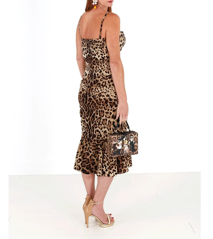 Dolce & Gabbana – Braunes, gerüschtes Midikleid mit Leopardenmuster
