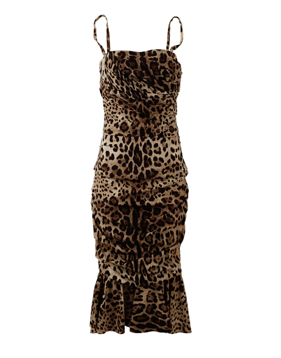 Dolce & Gabbana – Braunes, gerüschtes Midikleid mit Leopardenmuster